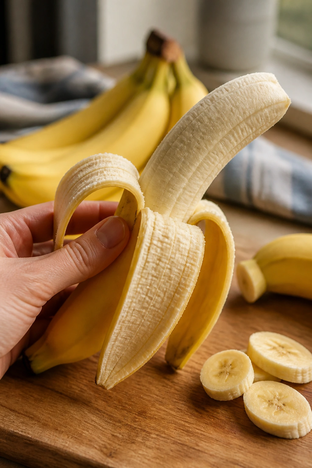 Hand peeling a ripe banana on a wooden kitchen counter