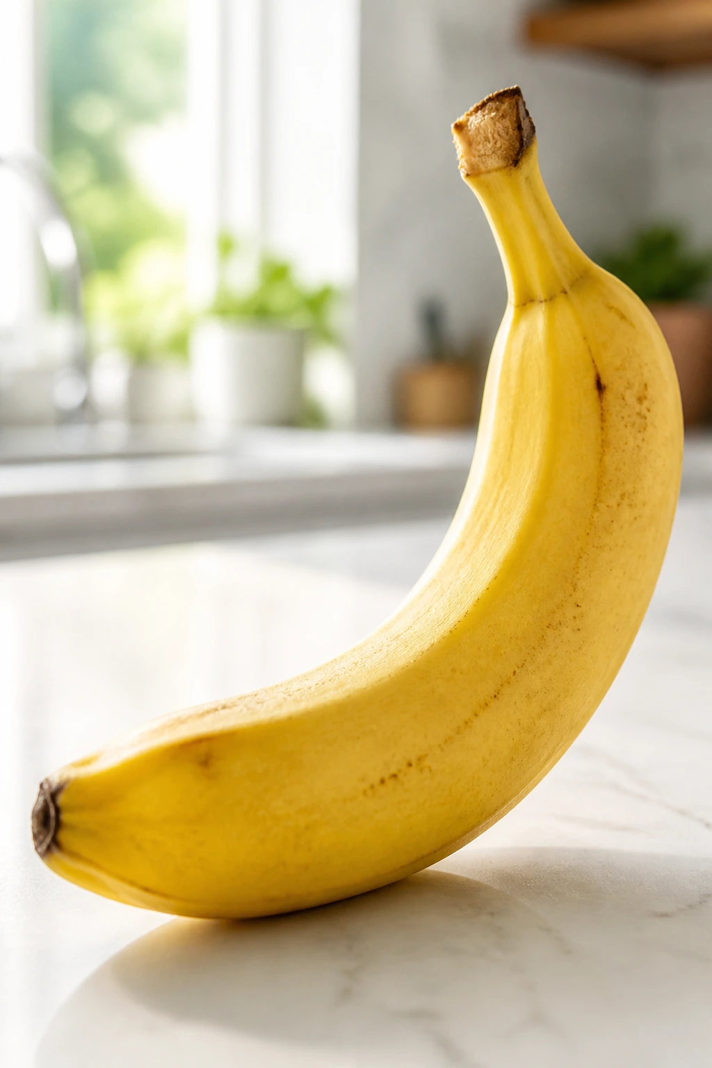 Close-up of a single ripe banana on a bright kitchen surface