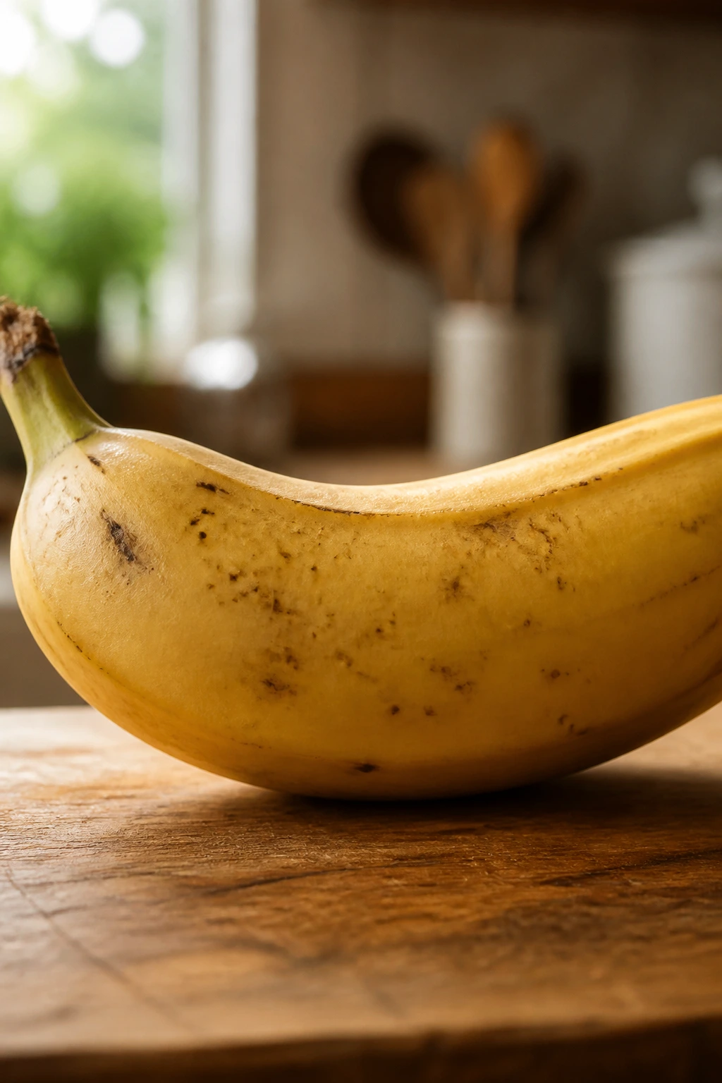 Close-up of a banana on a kitchen counter with soft lighting