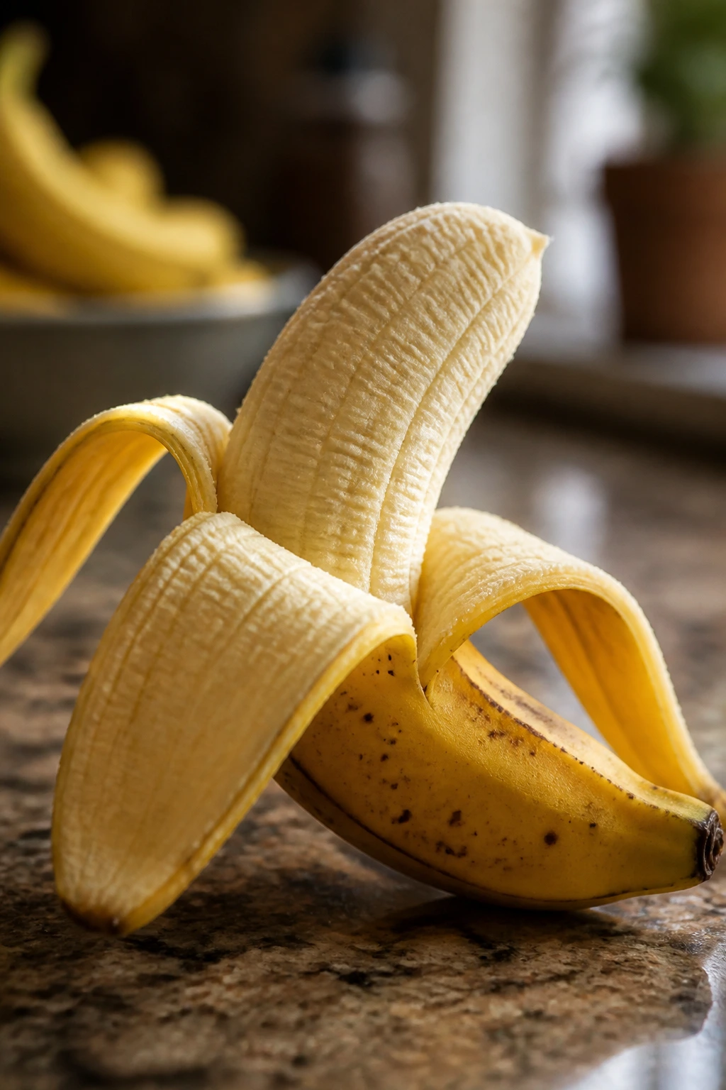 How Long Does It Take For a Banana to Digest? 6 Close-up of peeled banana resting on a kitchen counter illustrating digestive benefits