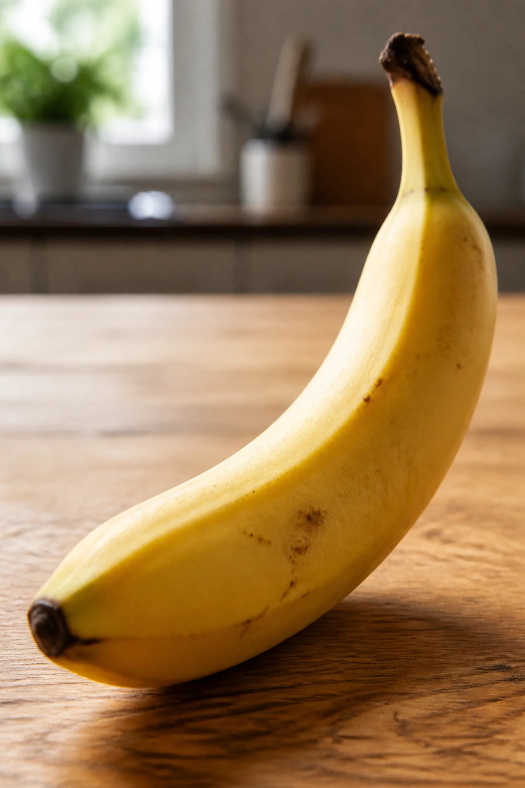 How Long Does It Take For a Banana to Digest? 4 Close-up of a single ripe banana dominating the frame on a wooden counter