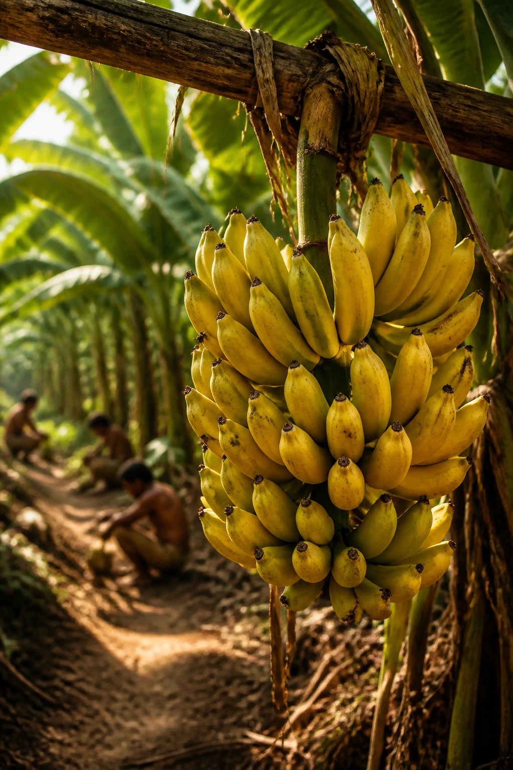 How Many Banana Varieties Are There? 1 Close-up of a ripe banana bunch in a tropical farming scene hinting at early domestication