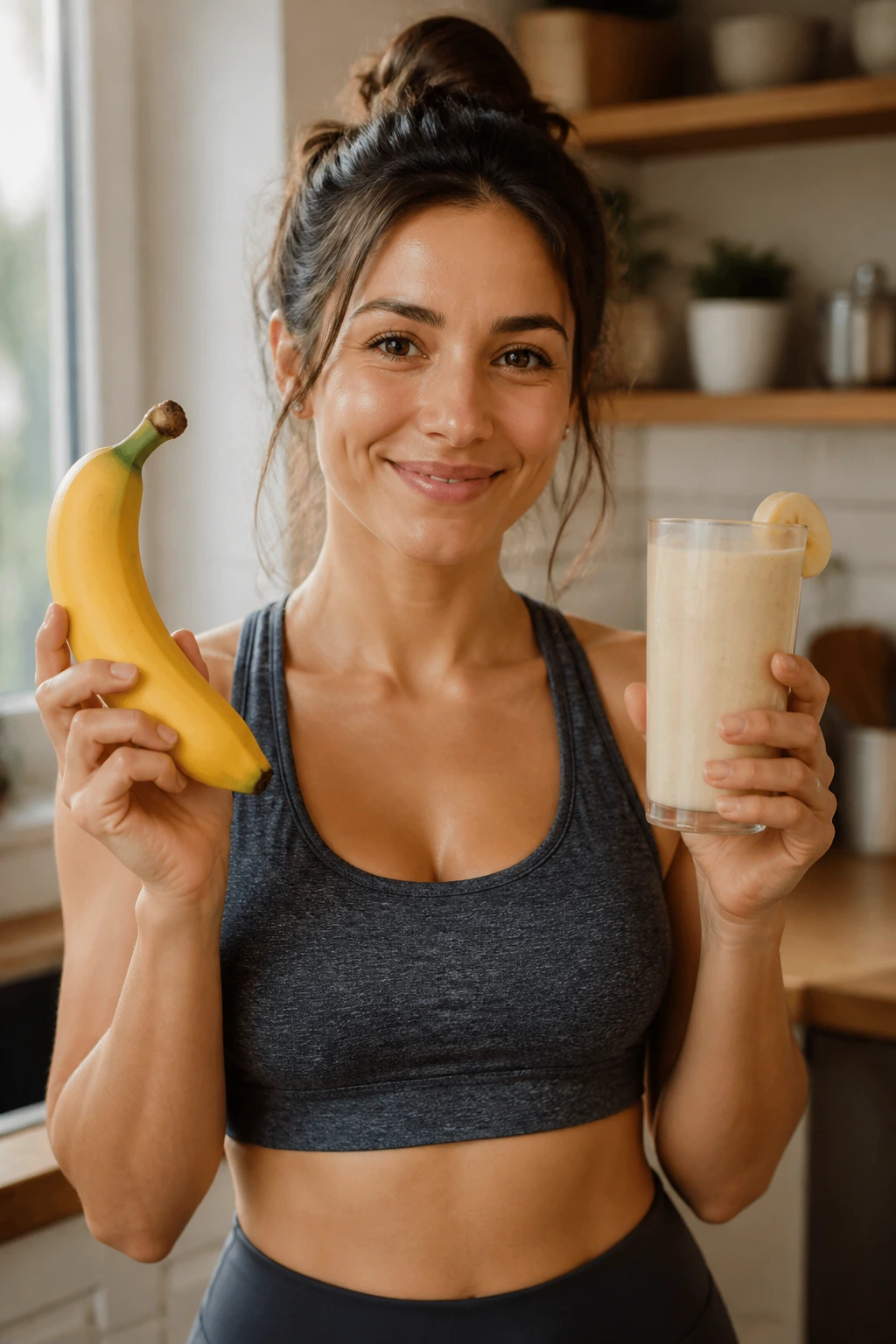 Medium shot of a person holding a banana in one hand and a smoothie in the other in a kitchen