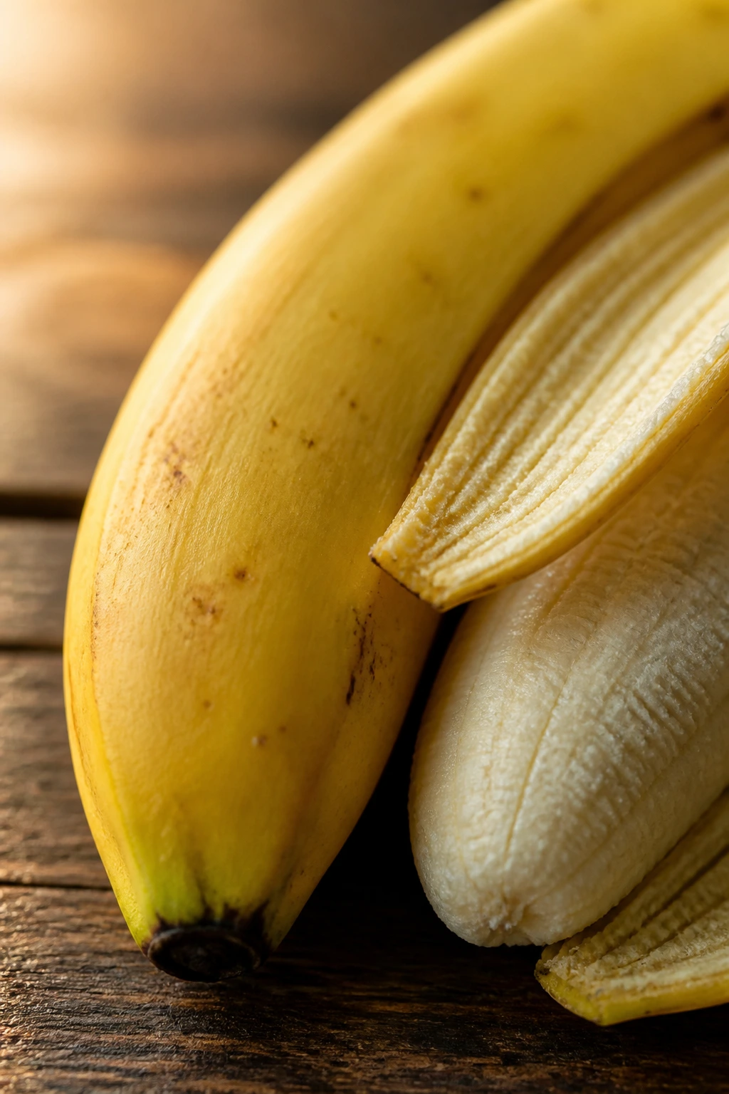 Close-up of a ripe banana on a wooden kitchen counter showing energy-boosting appeal