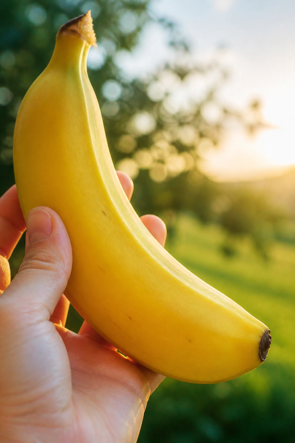 Close-up of a banana held in a hand with a sunlit outdoor background