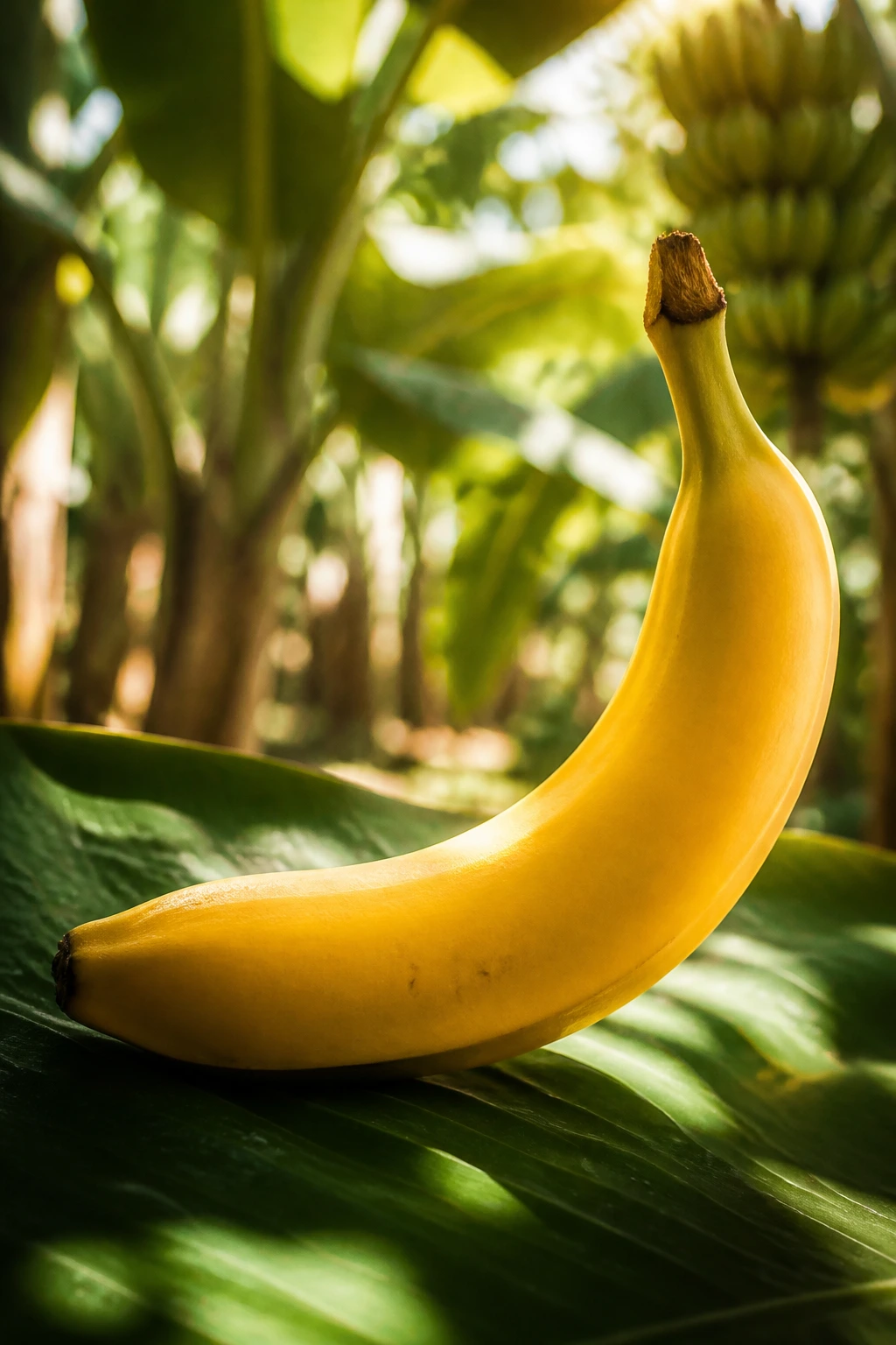 Curved banana in a sunlit tropical grove illustrating banana evolution.