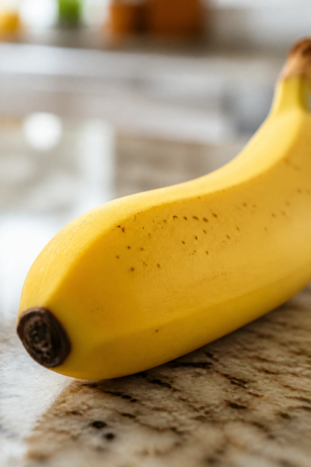 Close-up banana with freckles on peel on kitchen counter