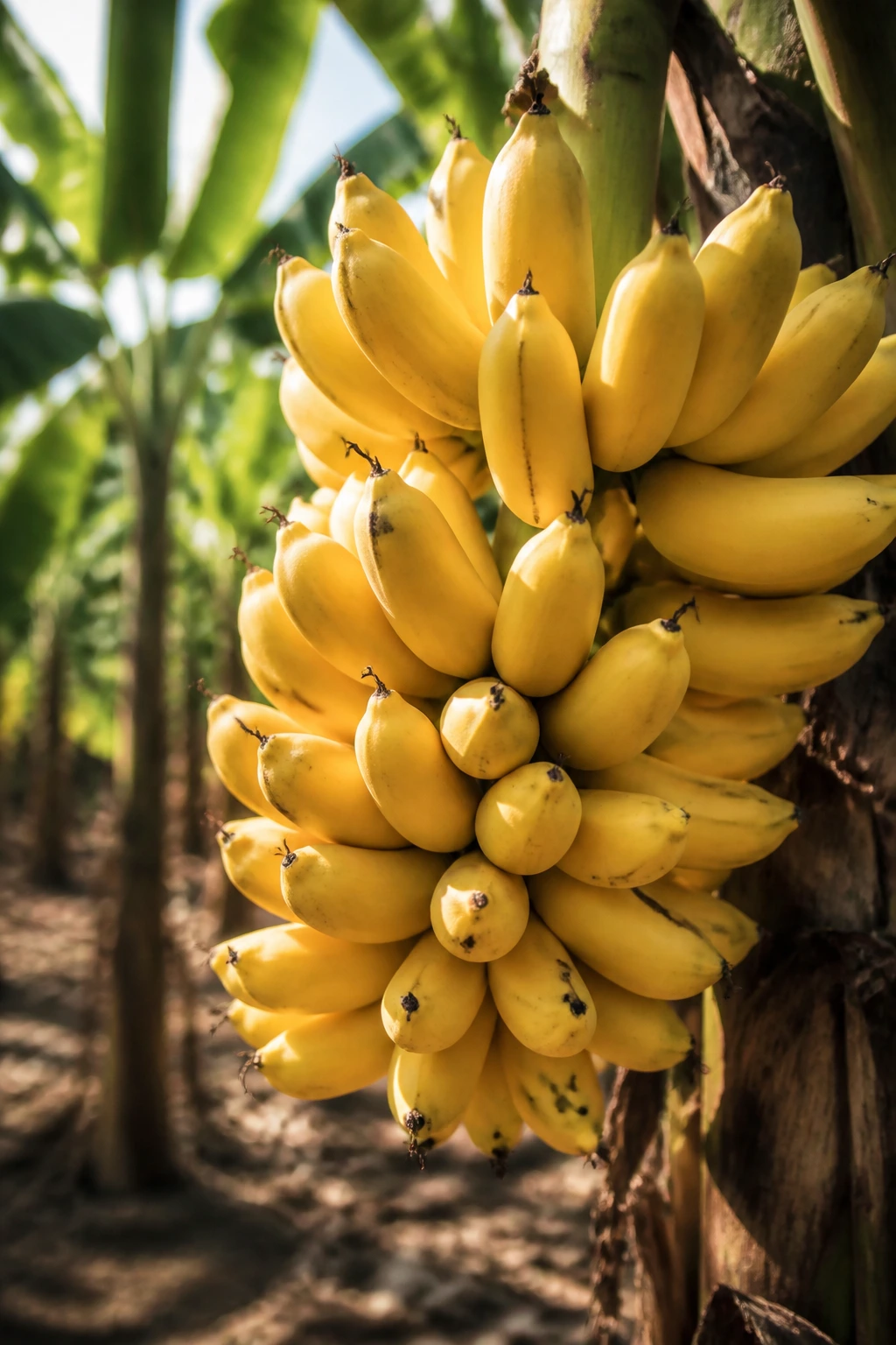 Banana bunch on plant with farm background