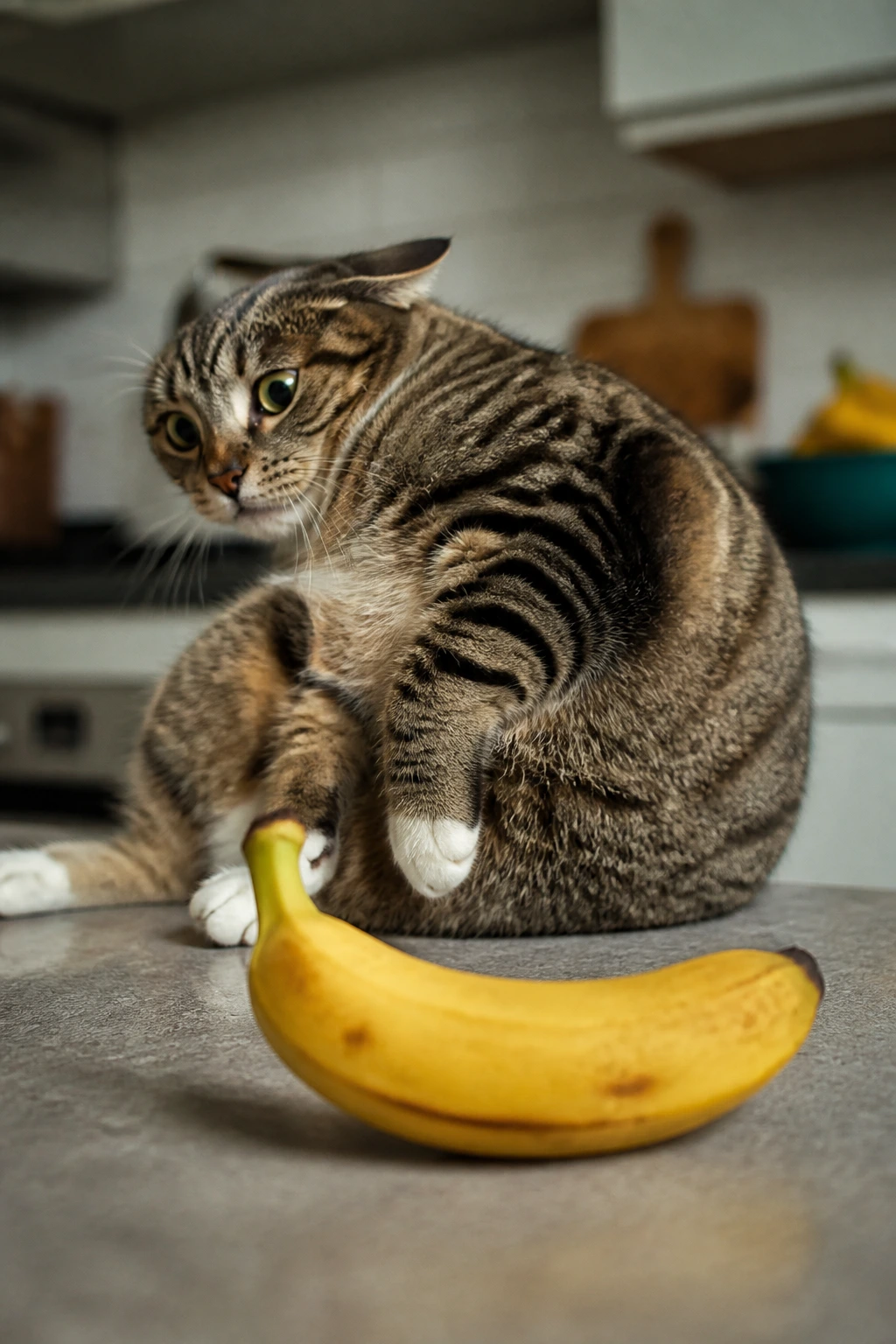 Cat recoiling from a banana on a kitchen counter