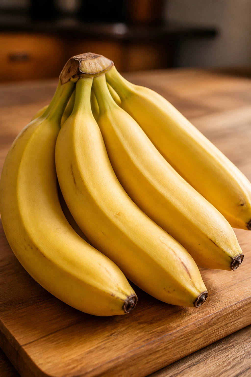 10 Amazing Benefits Of Banana For Sperm Count 3 Close-up of a bunch of ripe bananas on a wooden cutting board