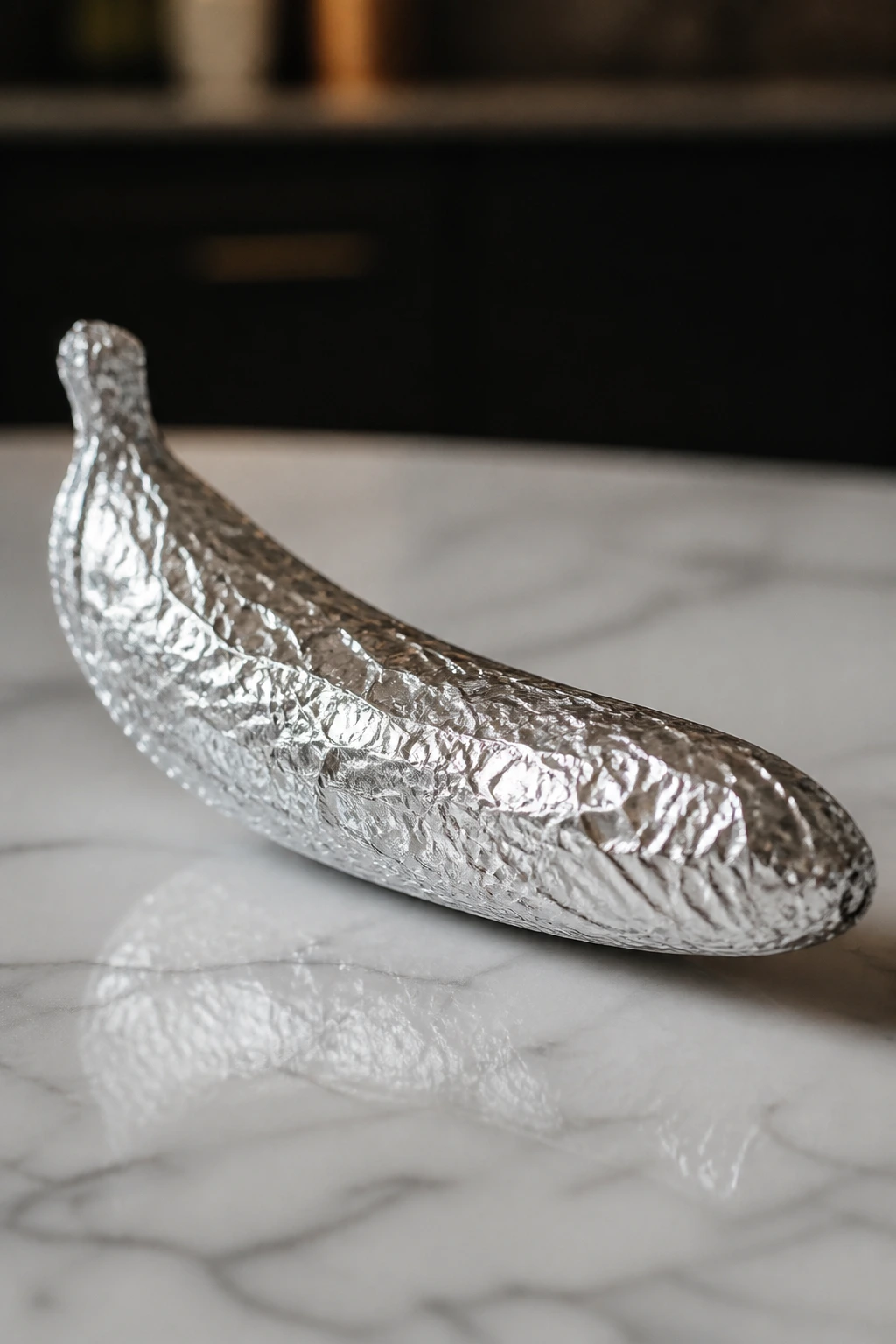 Foil-wrapped banana on counter