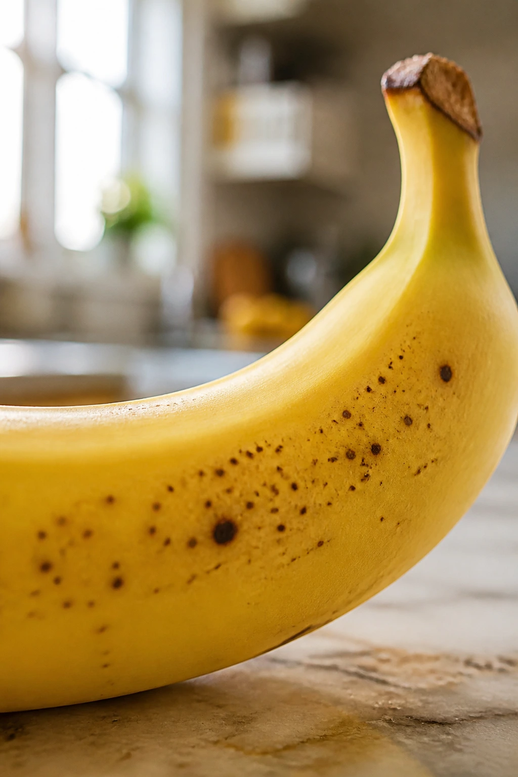 Close-up of a ripe banana with freckles on the peel, illustrating normal banana skin variations