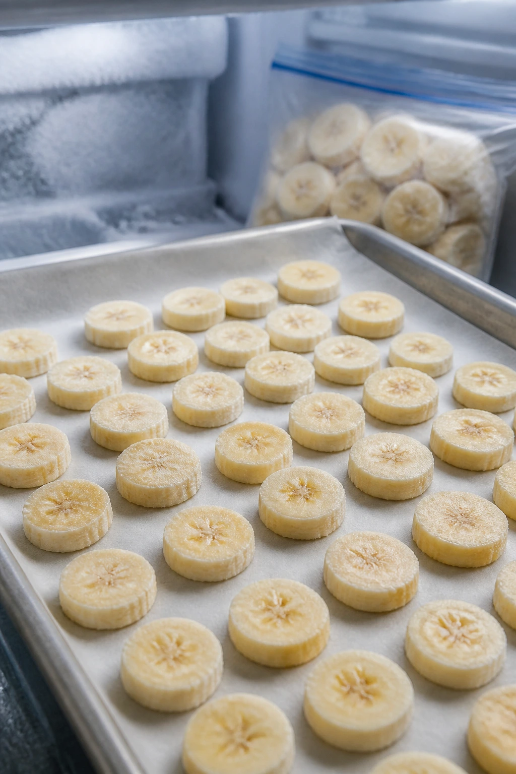Banana slices arranged for freezing on parchment paper