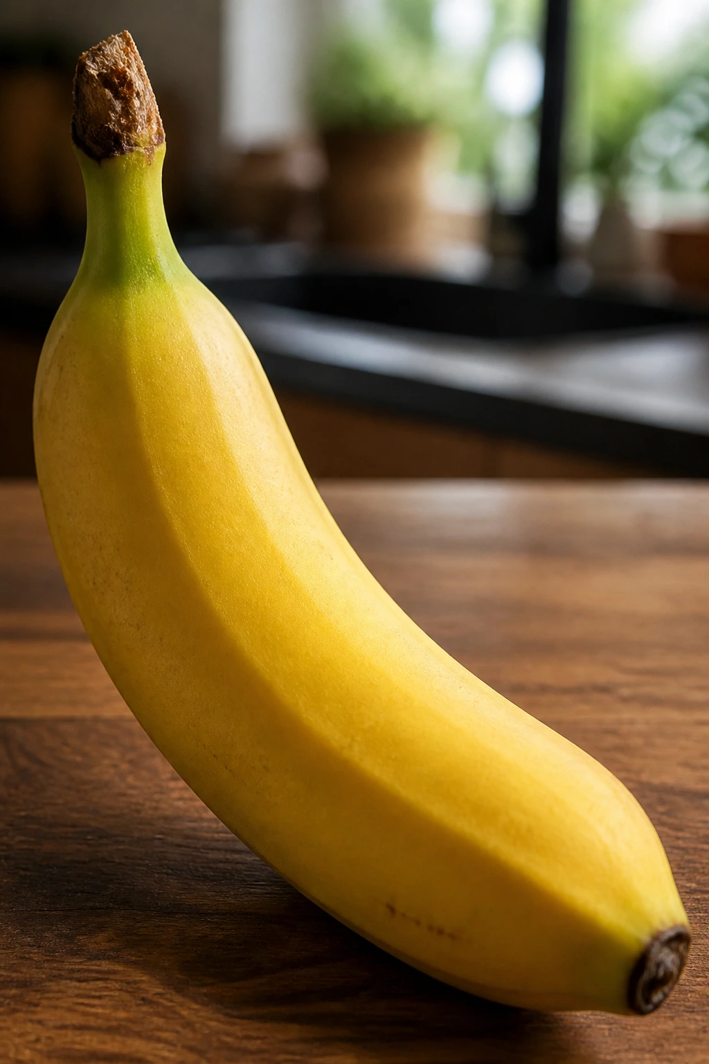 Botanical Insights: The Parts Of A Banana Plant 8 Close-up of a ripe yellow banana fruit in natural kitchen light.