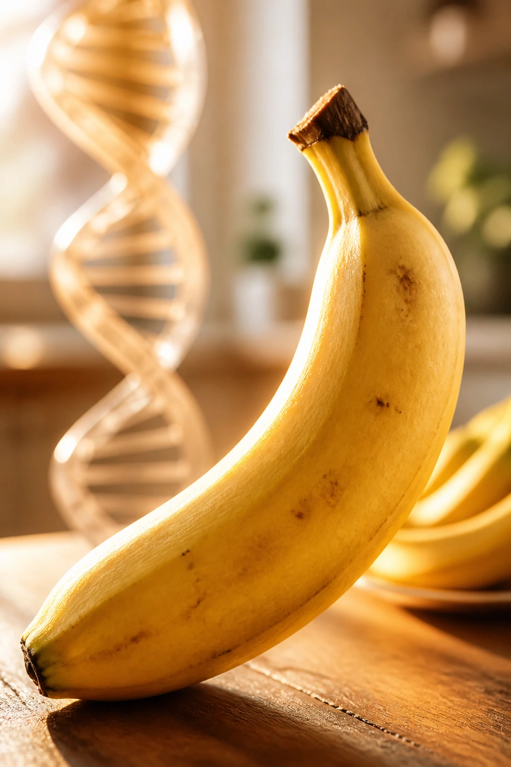 Close-up of a ripe banana dominating the frame with a subtle DNA motif in a warm kitchen