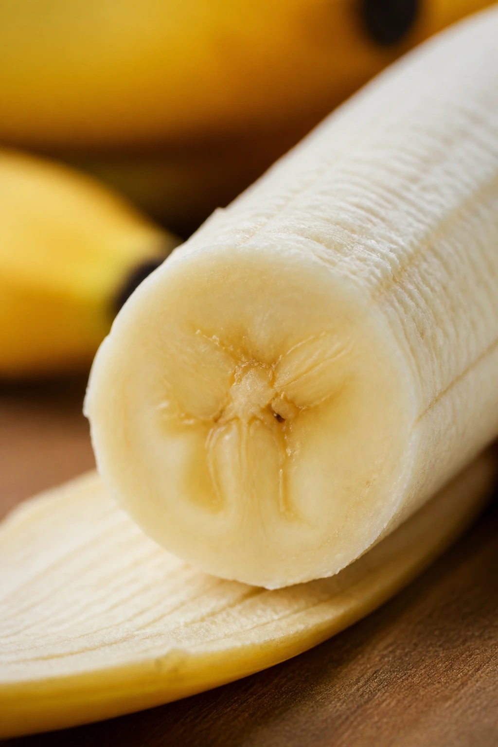 Peeled banana half filling the frame with bright yellow color.