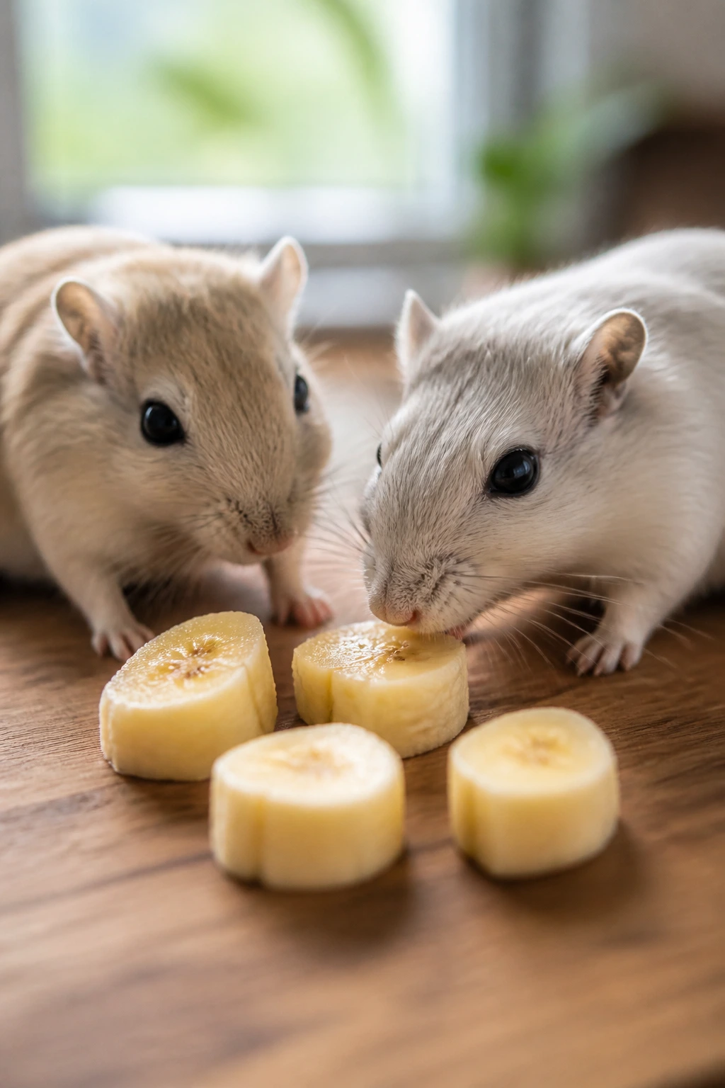 Small banana pieces arranged on a wooden surface for a gerbil snack.