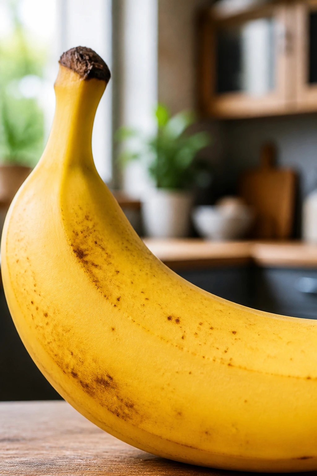 Close-up of a ripe banana filling the frame in a bright kitchen