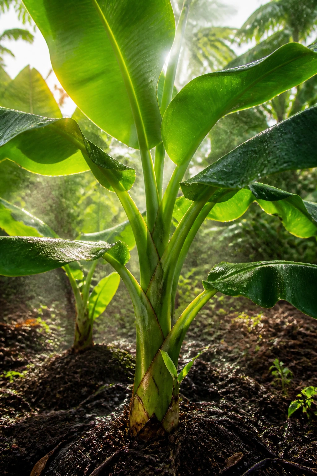Banana plant in warm humid garden with mist and moist soil