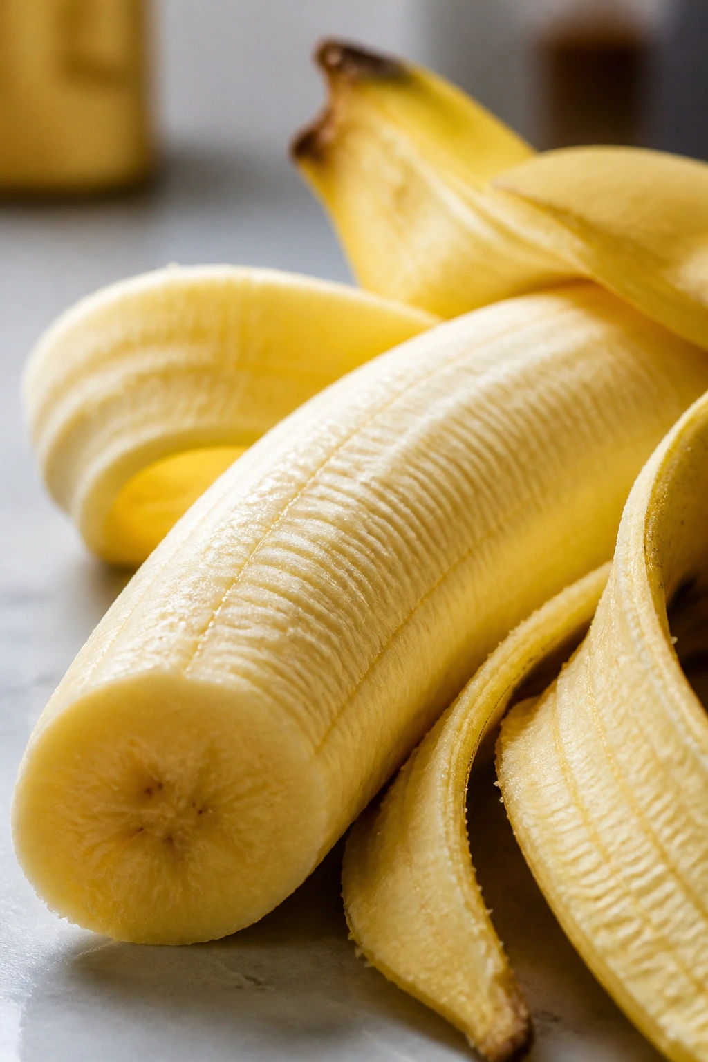 Are Bananas Good For Your Gums? 3 Macro close-up of peeled banana flesh on a kitchen surface.