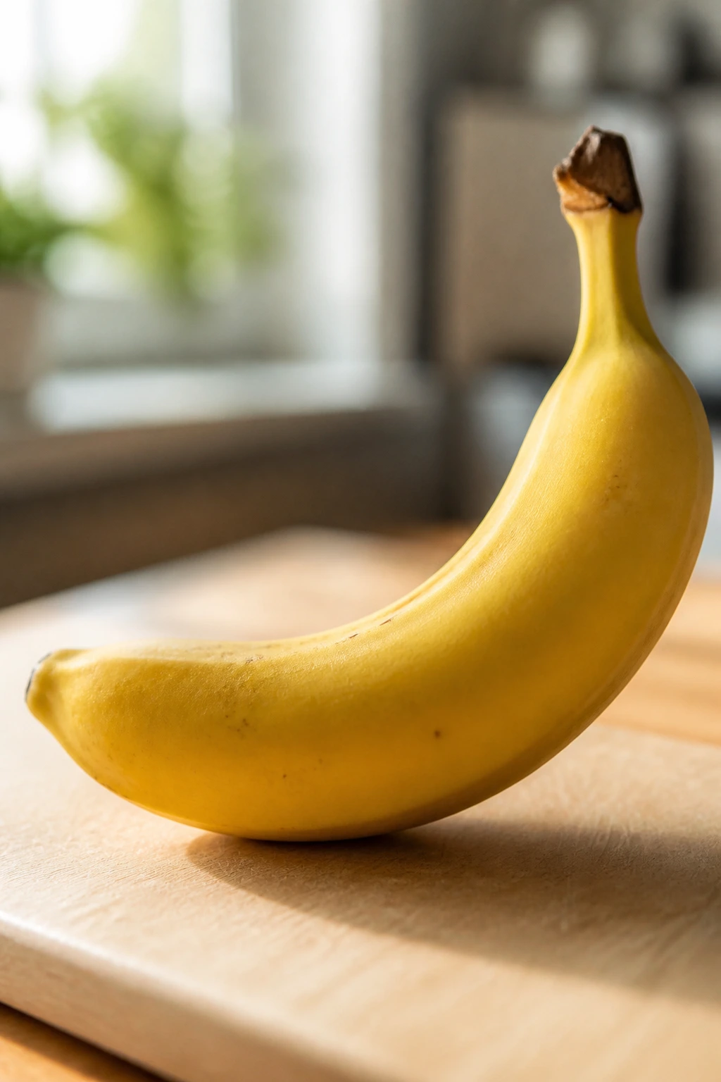 Are Bananas Good For Your Gums? 2 Close-up of a single ripe banana on a cutting board with natural light.