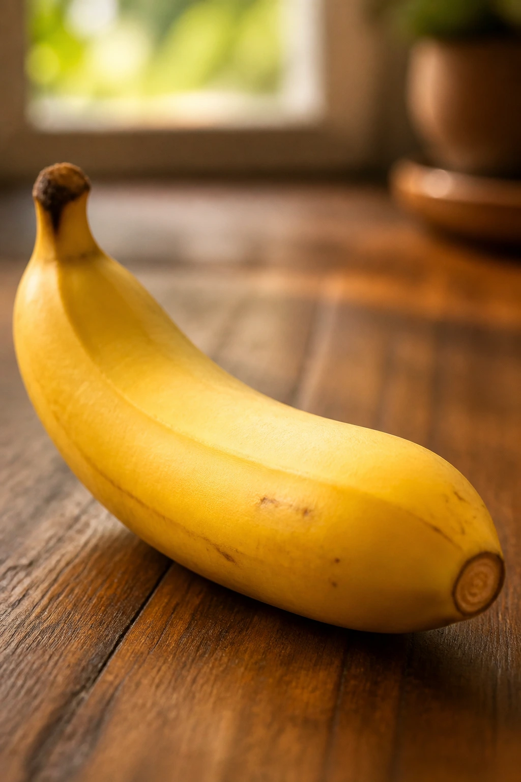 Close-up of a ripe banana on a wooden surface, highlighting health benefits