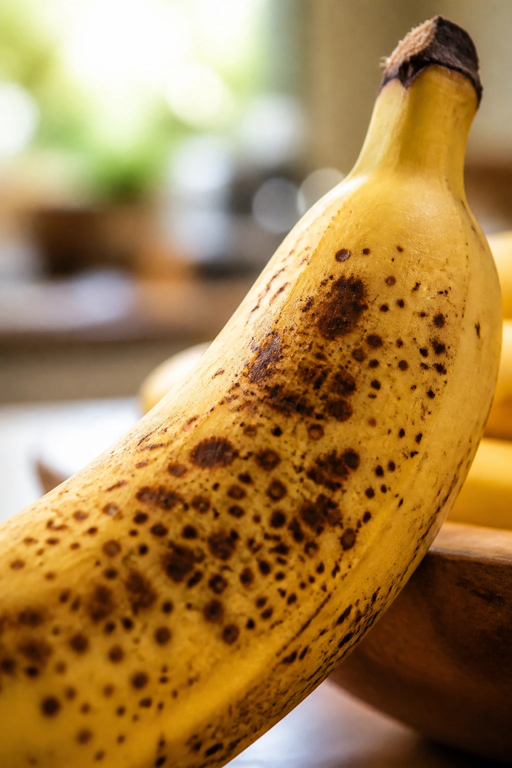 Close-up of a yellow banana with brown spots showing ripeness and health benefits