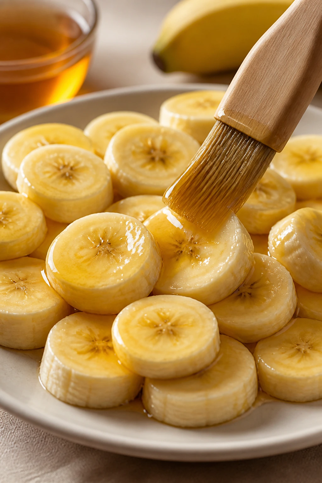 Banana slice brushed with honey glaze to slow browning