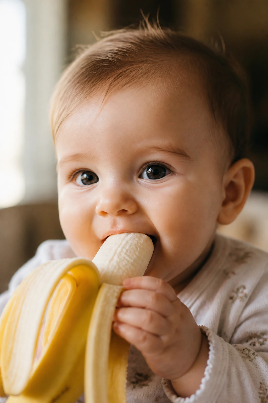 Close-up of baby biting banana to suggest immune-boosting benefits