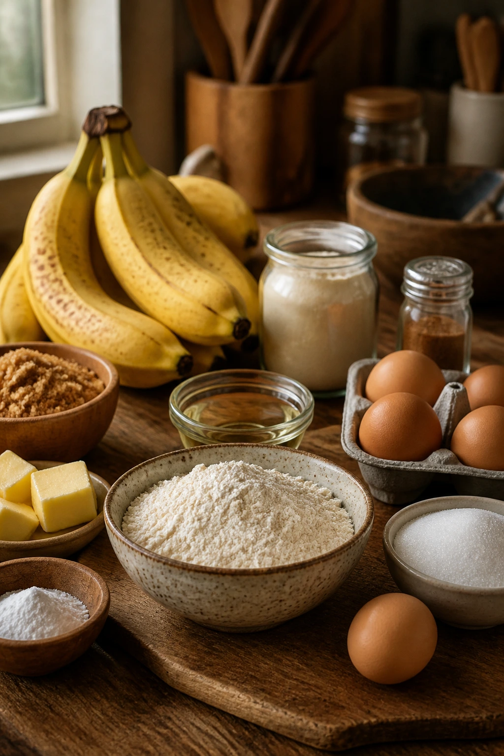 Close-up of bananas and baking ingredients on a wooden counter