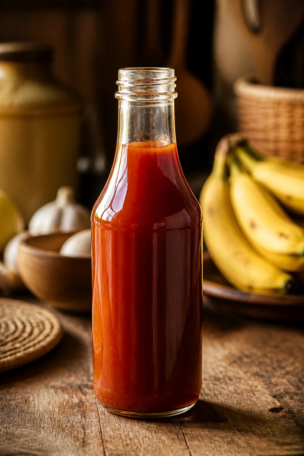 What Does Banana Ketchup Taste Like? 4 Unlabeled bottle of banana ketchup on rustic counter