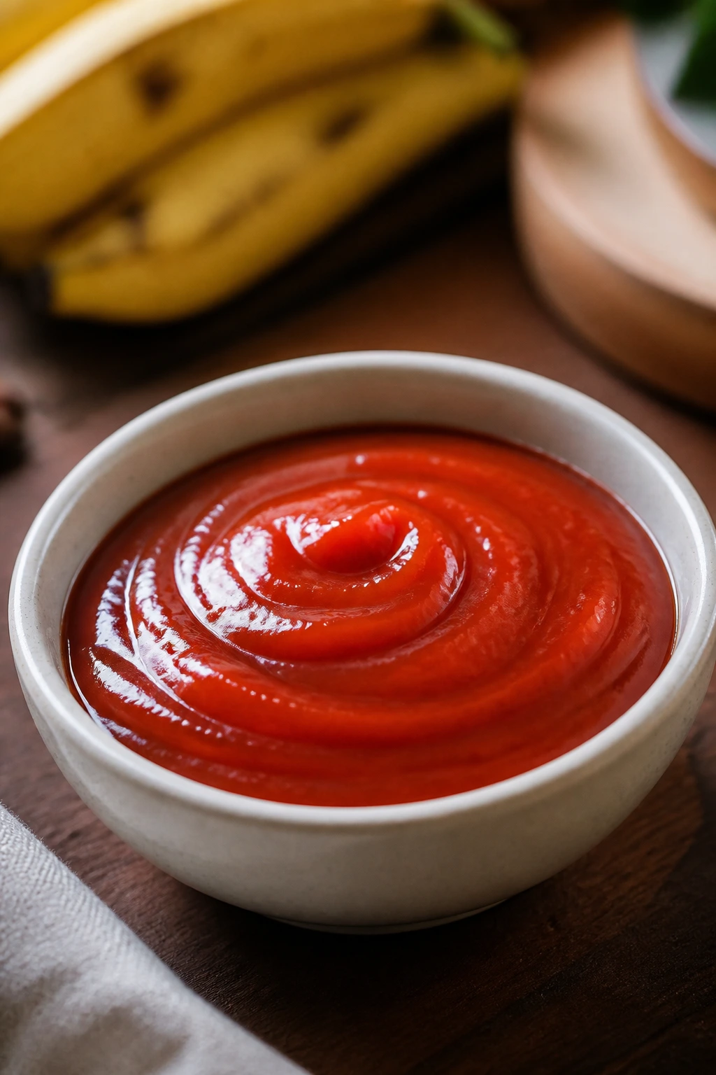 What Does Banana Ketchup Taste Like? 3 Dollop of banana ketchup in a small bowl with swirl