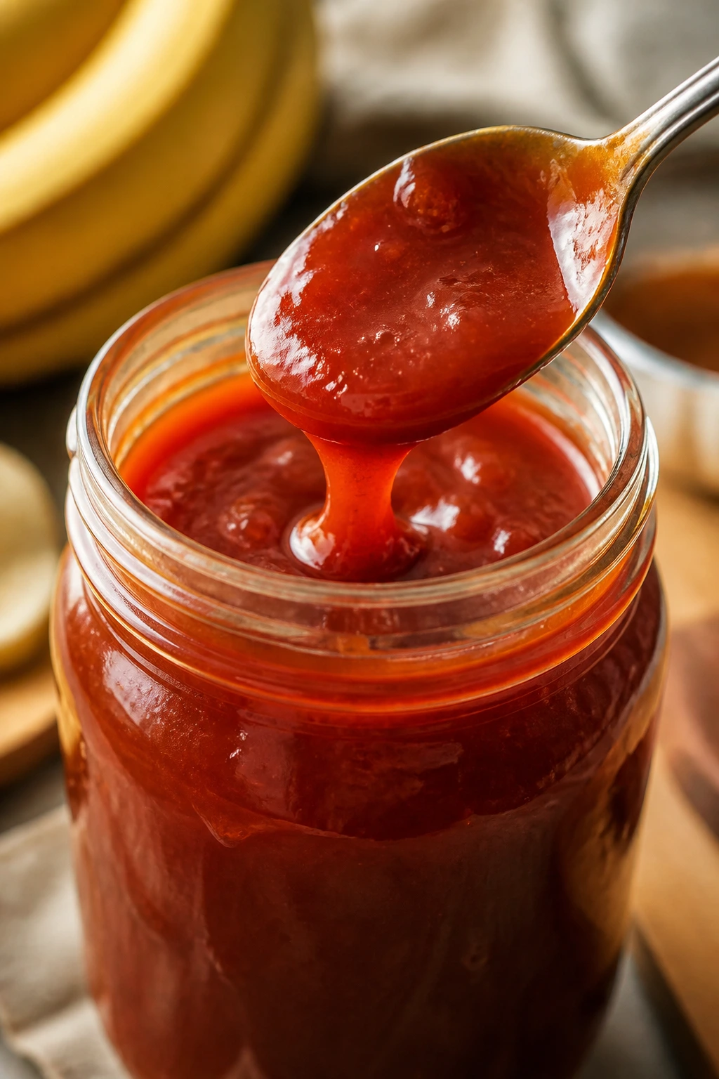 What Does Banana Ketchup Taste Like? 2 Glass jar of banana ketchup with spoon showing thick glossy texture