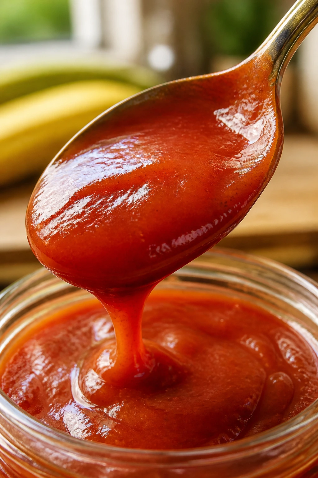 What Does Banana Ketchup Taste Like? 1 Close-up of a spoonful of glossy banana ketchup in a warm kitchen