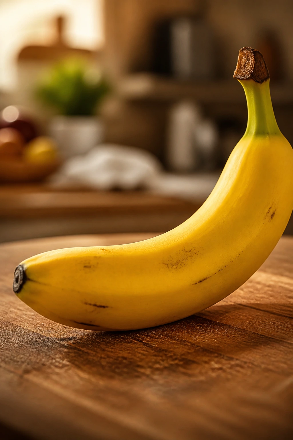 Single ripe banana on warm kitchen countertop