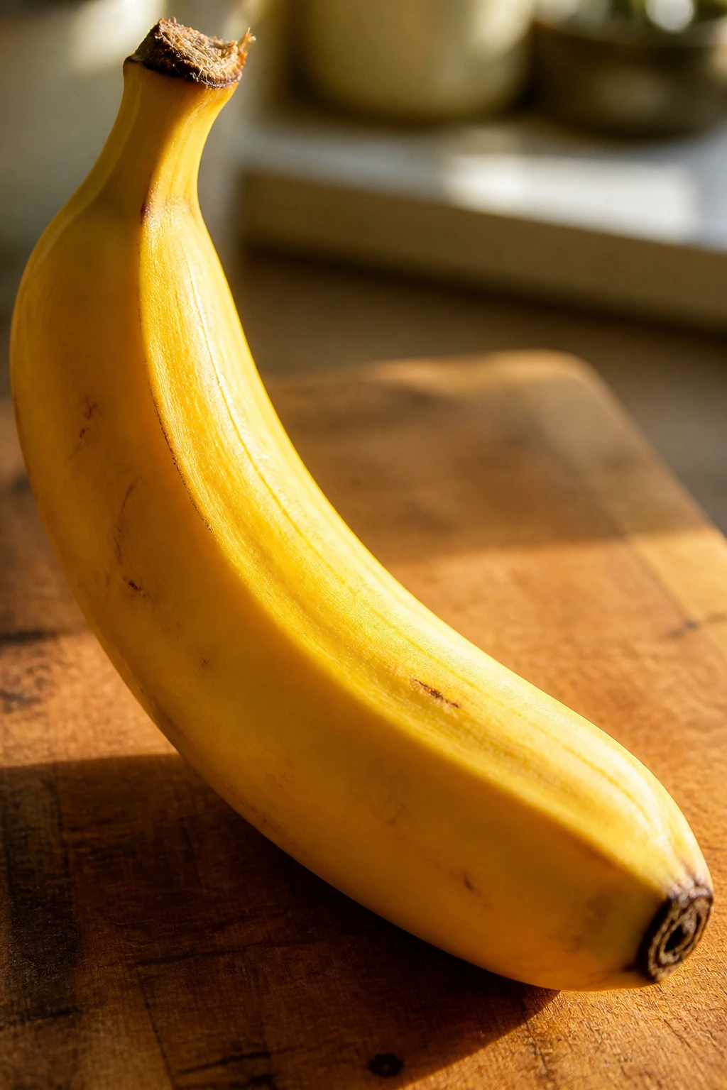 Close-up of a ripe banana on a wooden cutting board in a sunlit kitchen