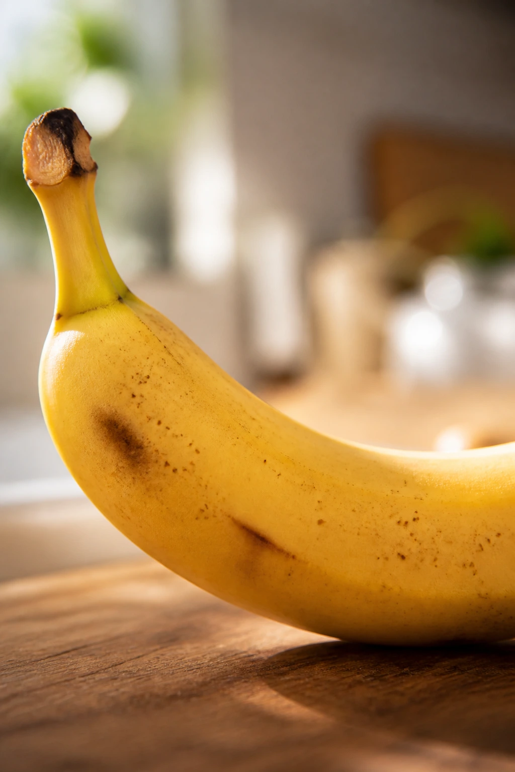 Close-up of a ripe banana on a warm kitchen counter.