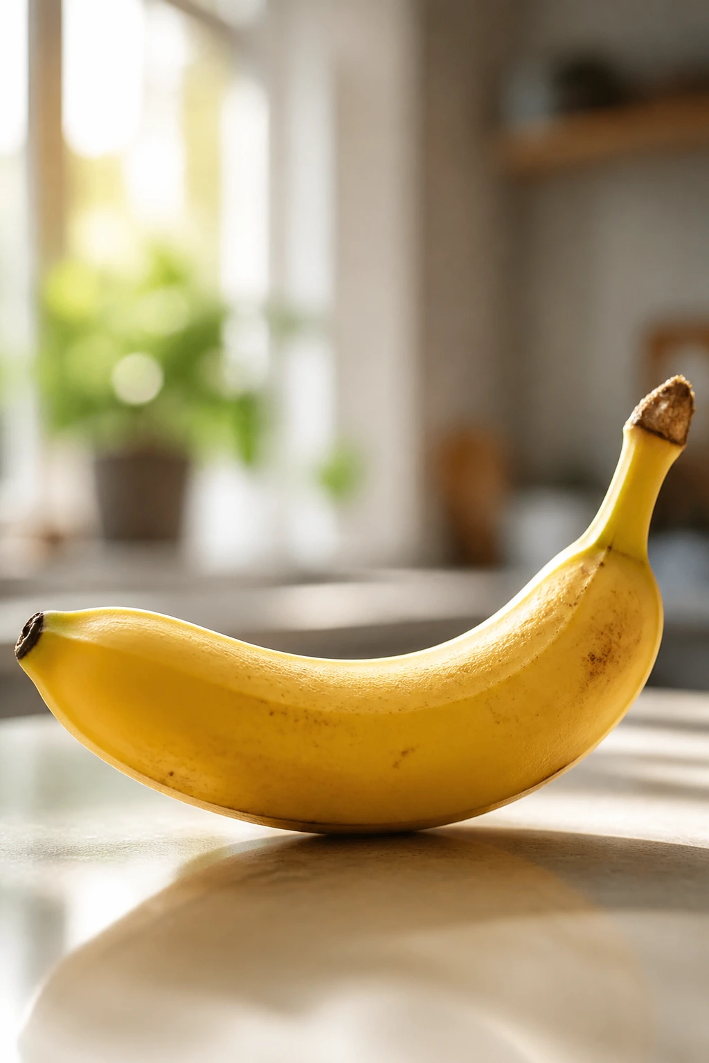 Single ripe banana on a sunlit kitchen counter