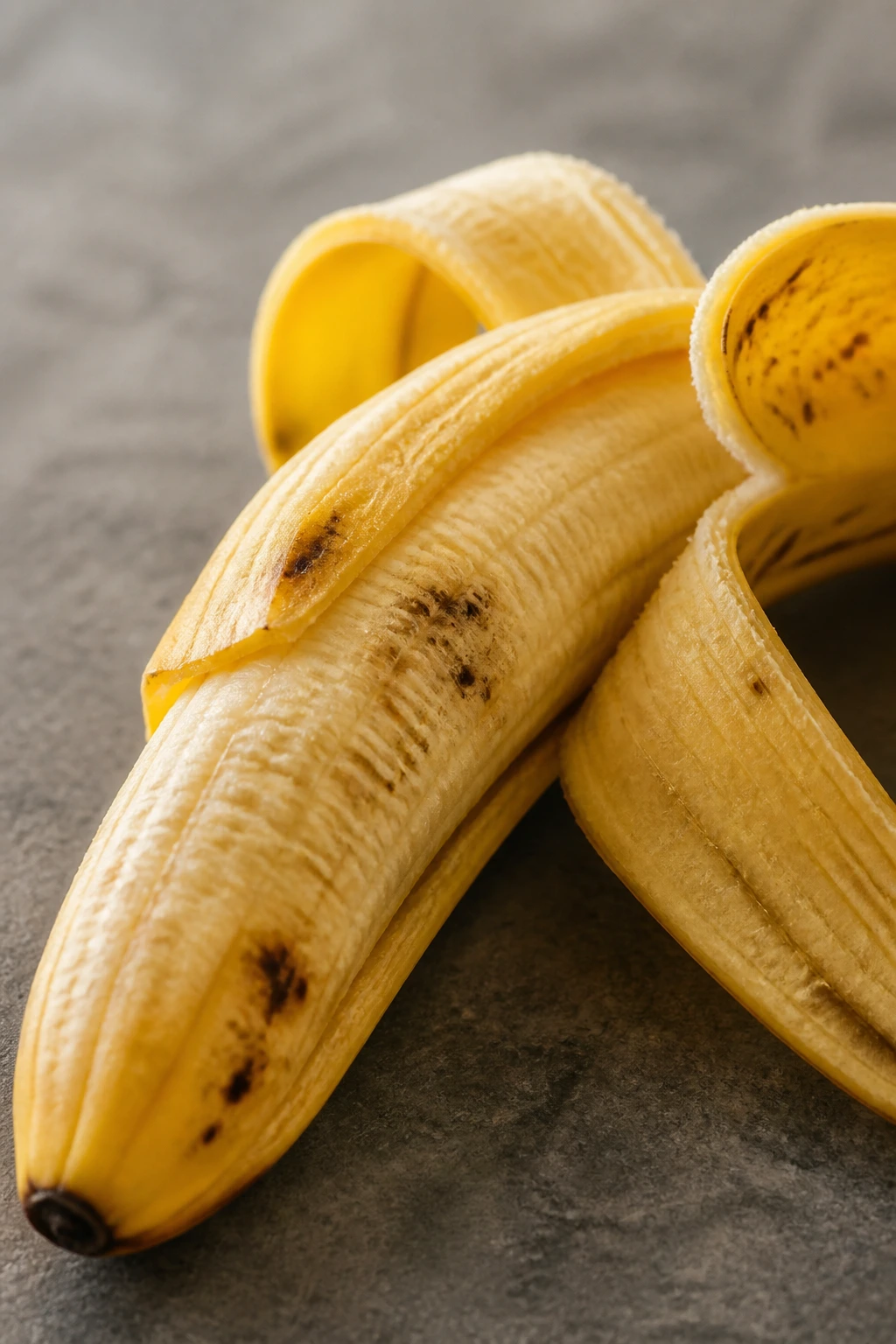 Close-up of a banana on a neutral surface in soft daylight