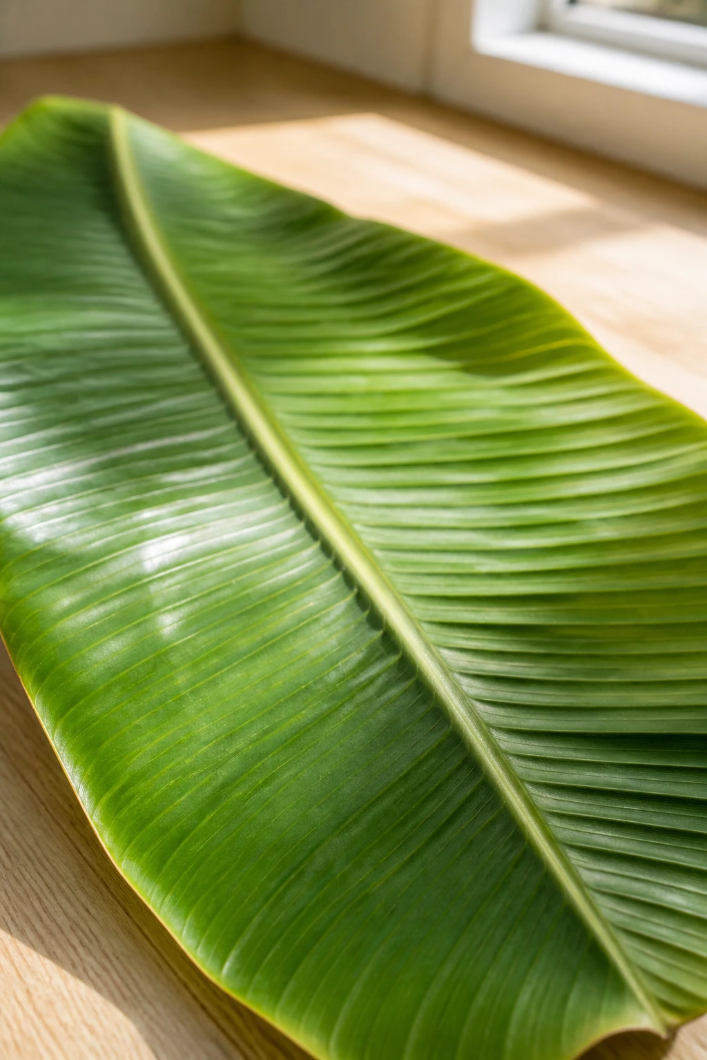 12 Surprising Banana Leaves Benefits For Your Health 10 Close-up of a banana leaf on a wooden surface suggesting weight-loss benefits.