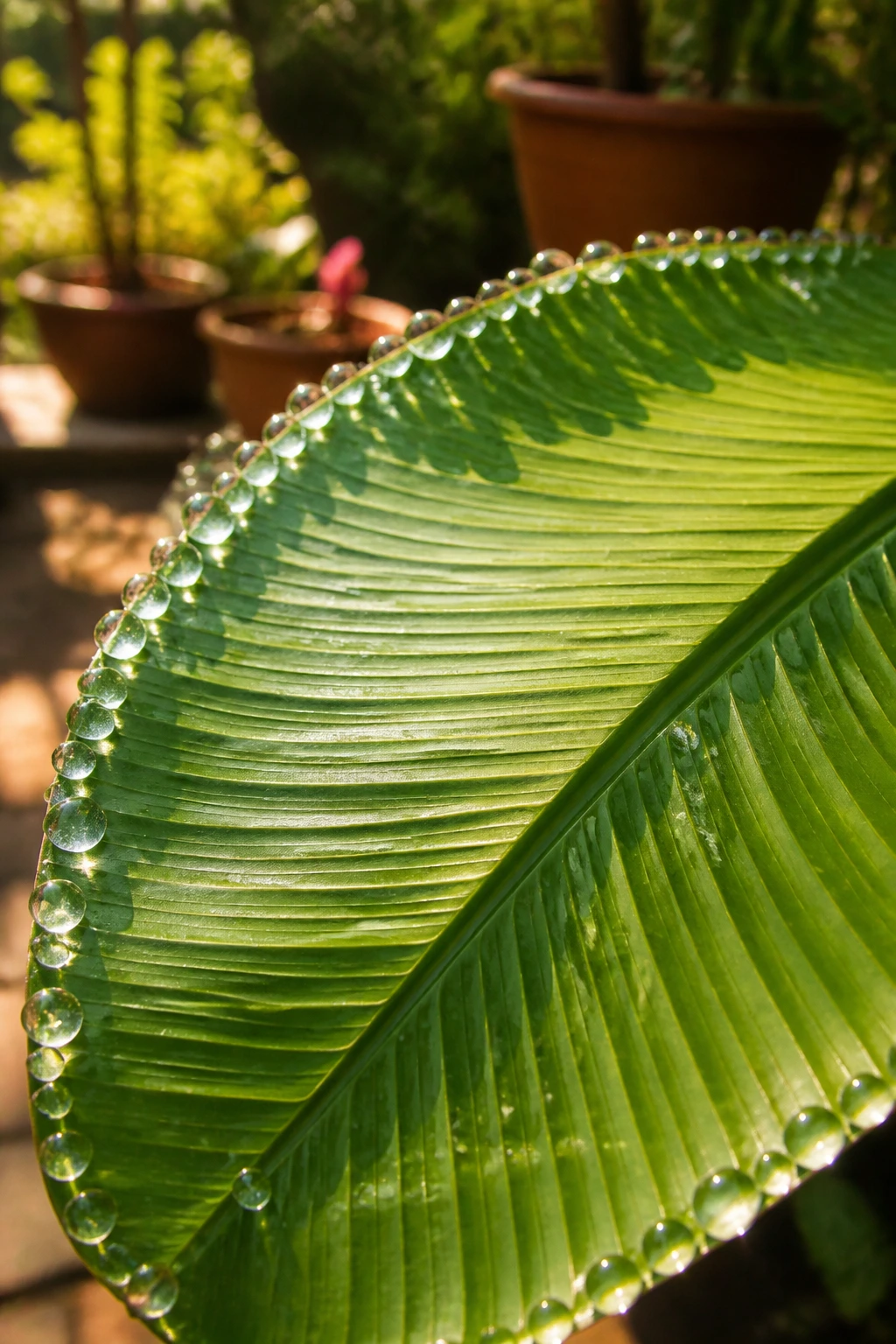 Banana leaf close-up with droplets suggesting germ protection.