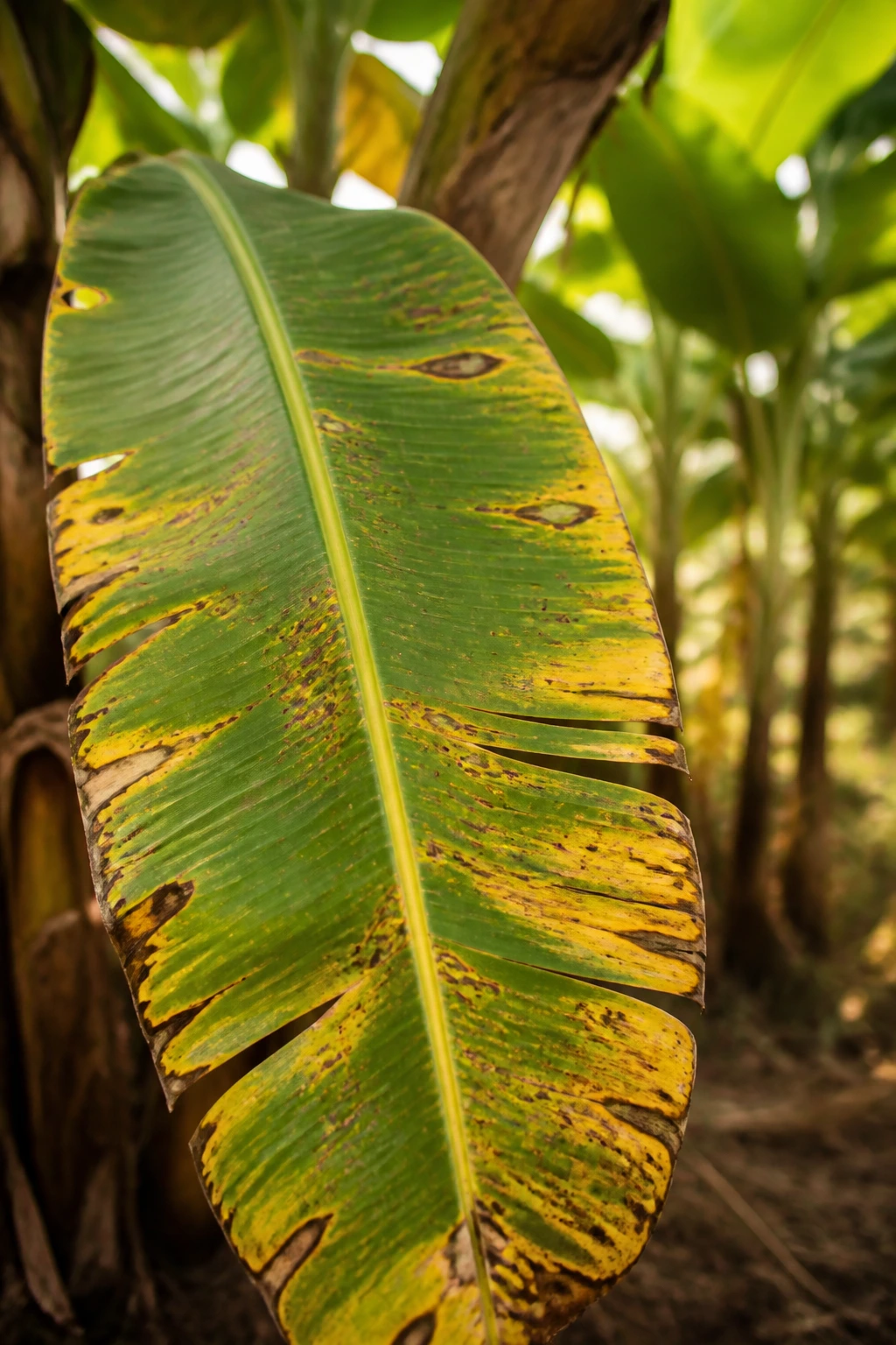 Do Banana Trees Die After Fruiting? Debunking the Myth 3 Banana leaf showing signs of disease in a grove