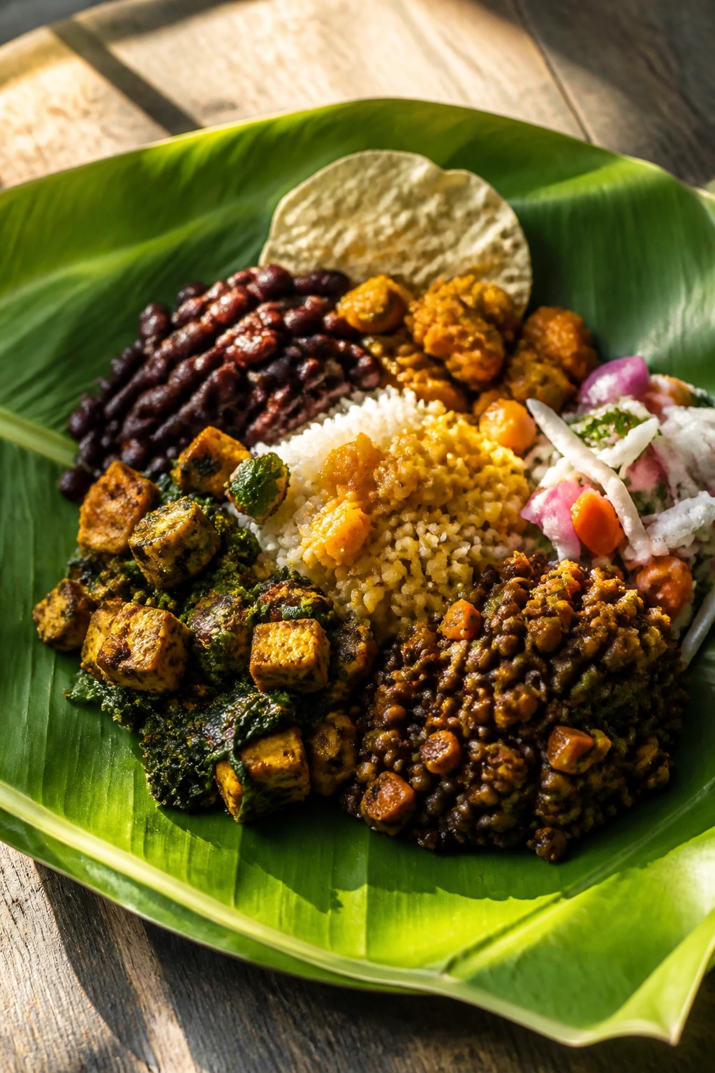 Banana leaf plate with iron-rich foods like lentils and beans.