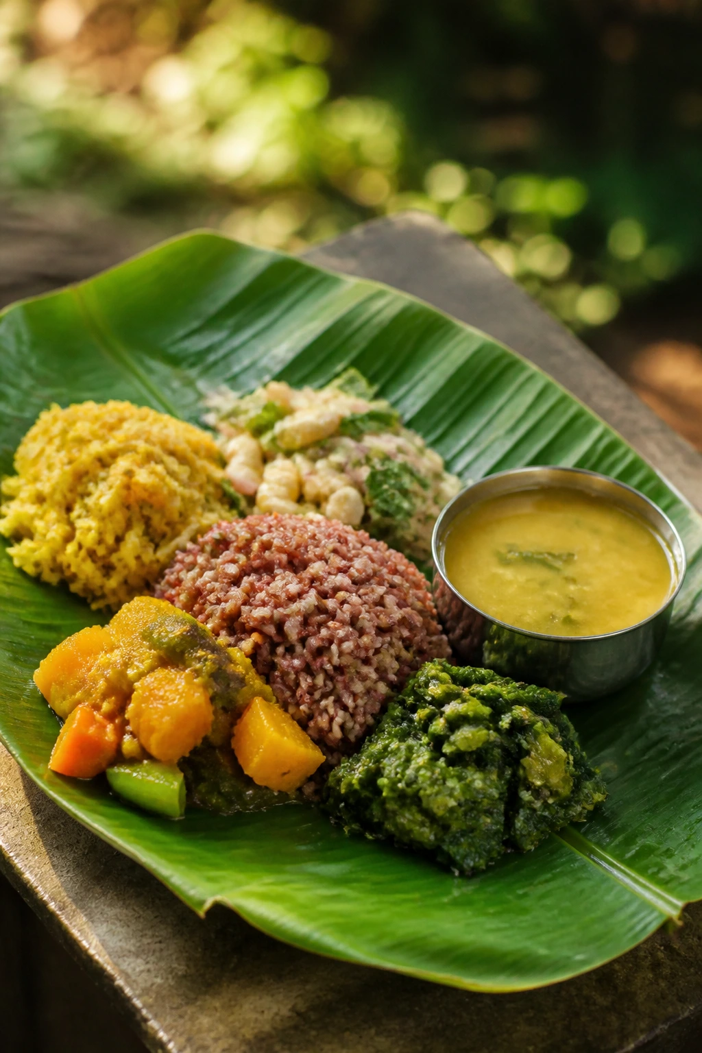 Banana leaf plate with kidney-friendly foods on leaf.