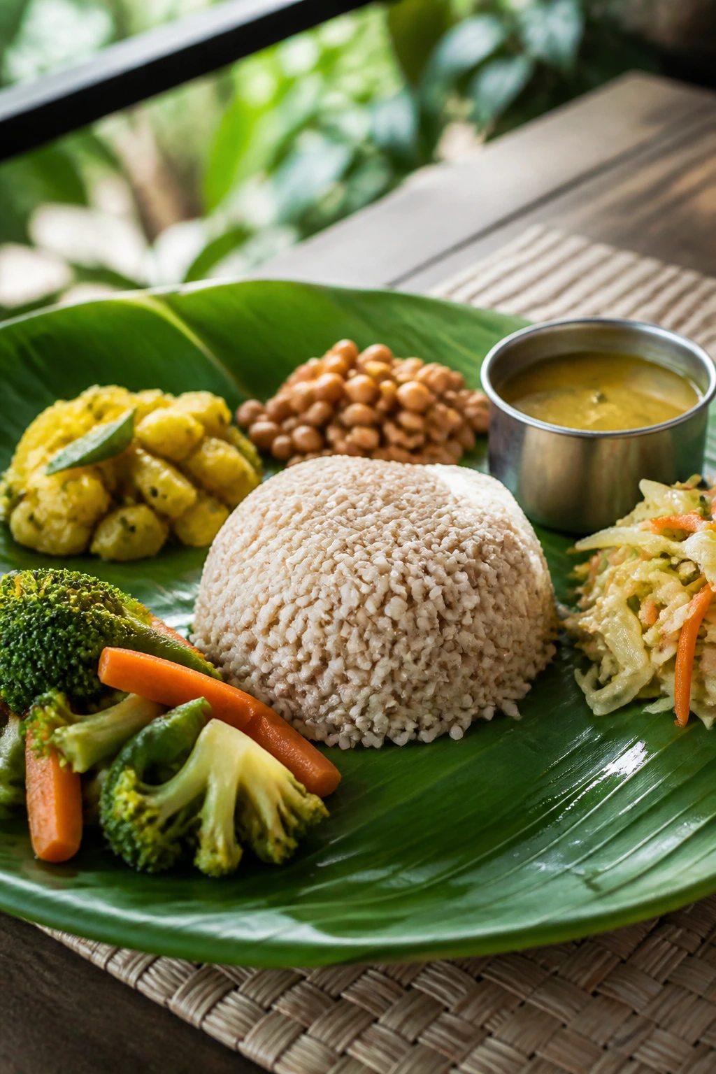 Banana leaf plate with balanced low-GI foods.