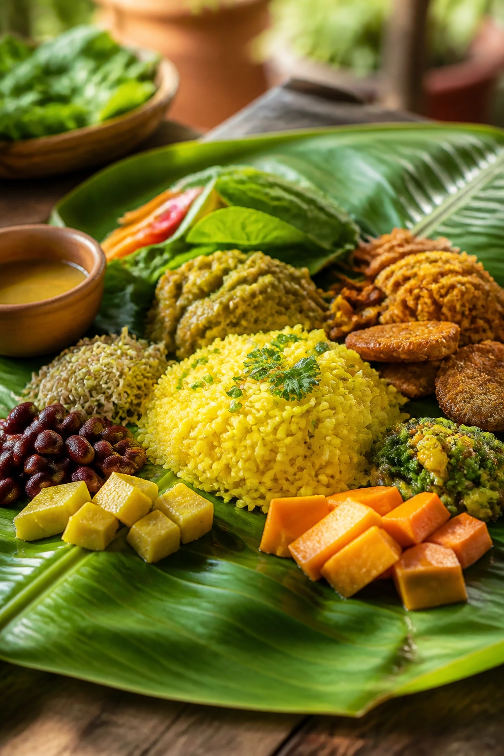 Close-up of a banana leaf plate loaded with colorful healthy foods.
