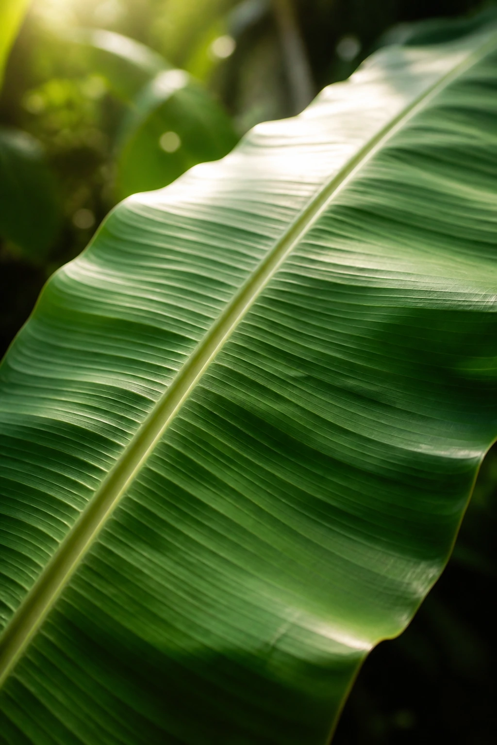 Macro texture of a banana leaf with visible veins and fibers