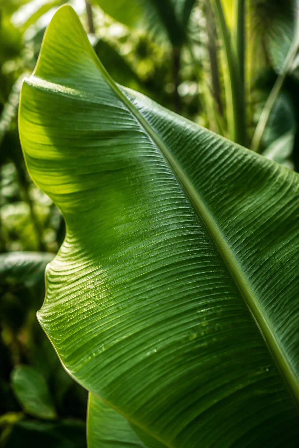 Banana Leaves For Cooking: Here's All You Need To Know 1 Close-up of a vibrant banana leaf blade with visible veins in a tropical garden