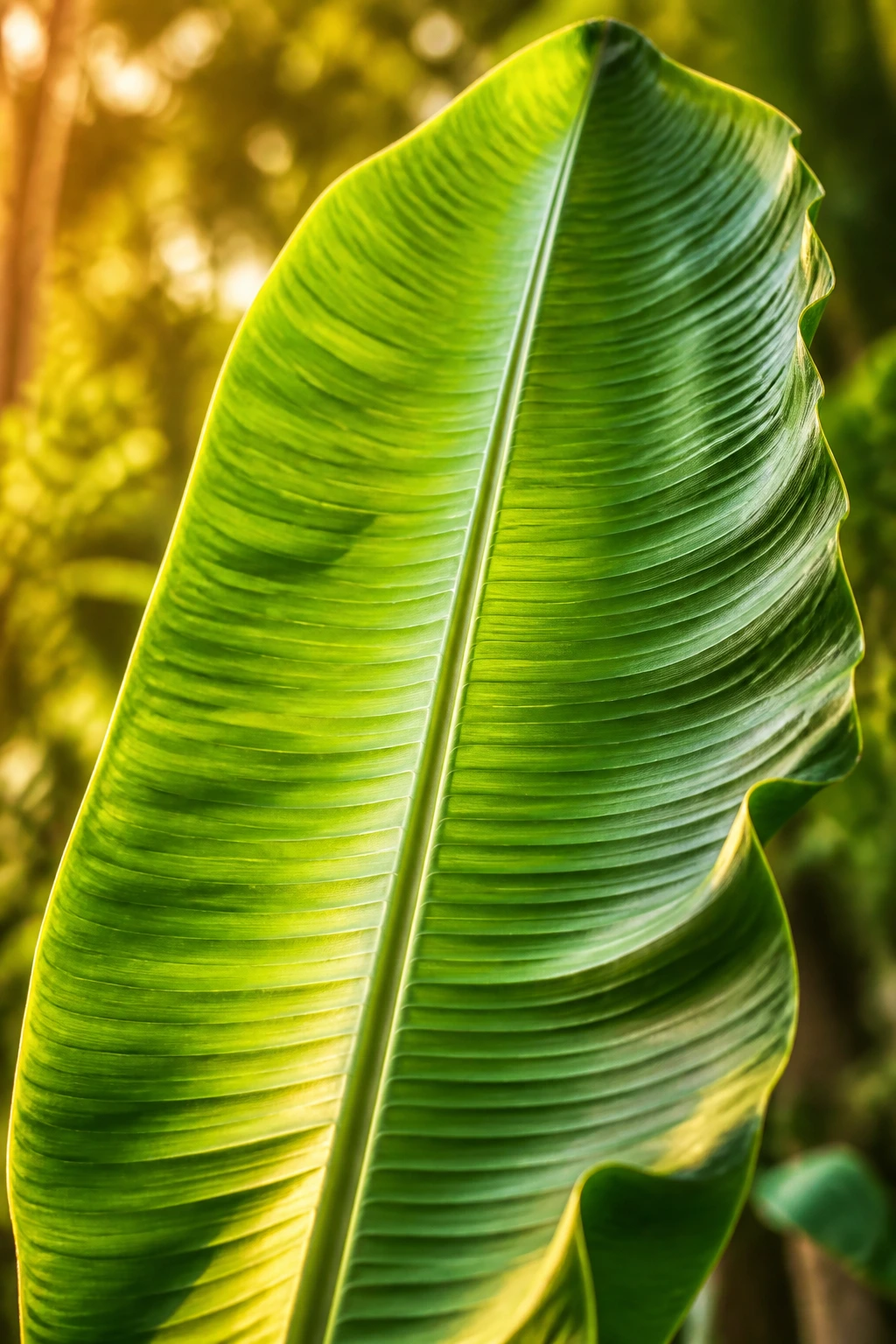 Banana leaf bathed in warm light in a garden