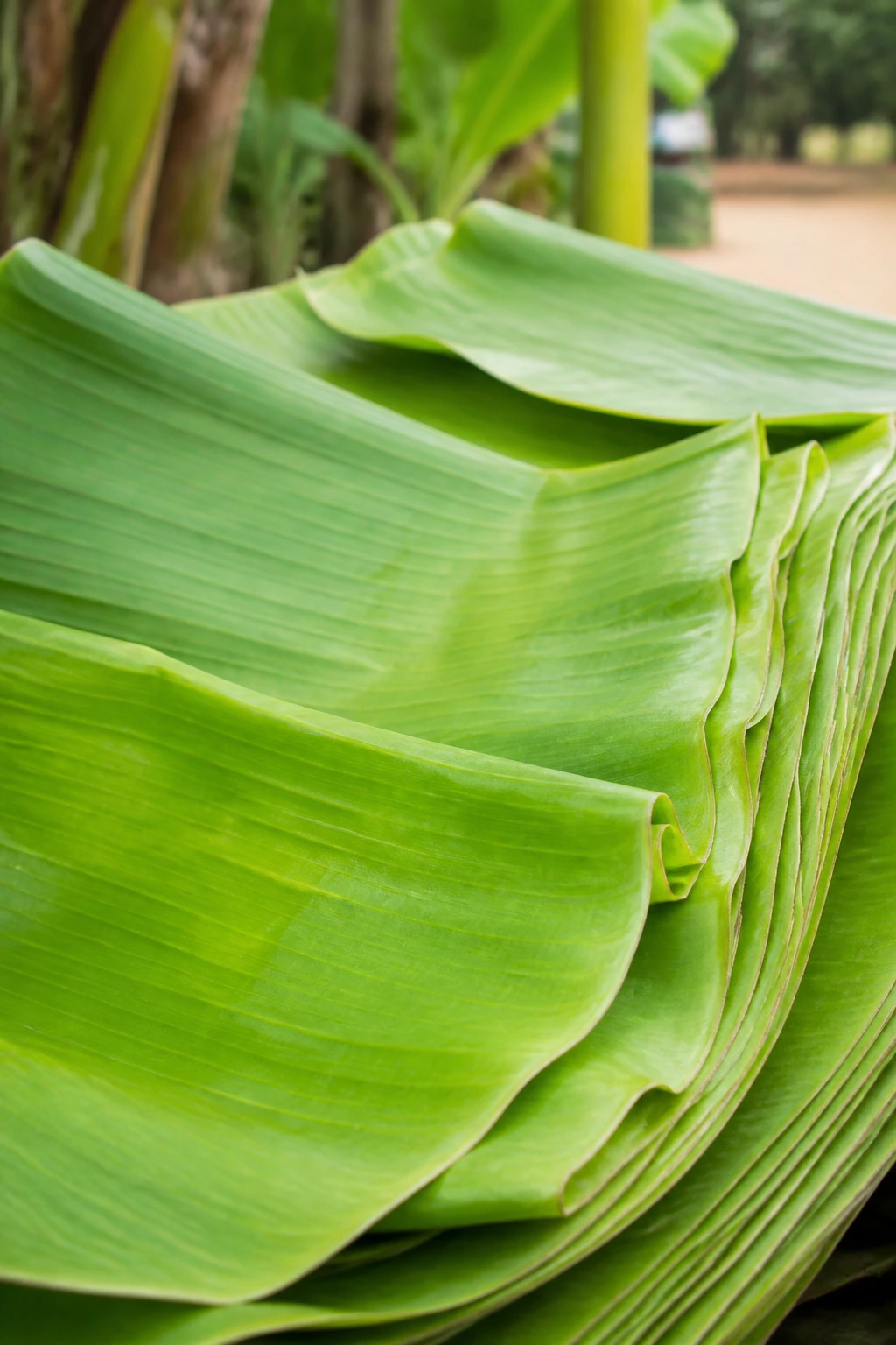 Banana Leaves For Cooking: Here's All You Need To Know 2 Close-up of fresh green banana leaves stacked and overlapping